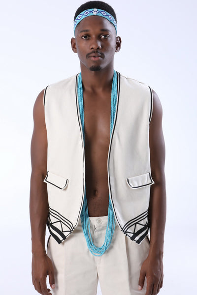 Mens waistcoats in umbhaco with shoelace braiding Mfengu fashion The Wild Coast Trading Company
