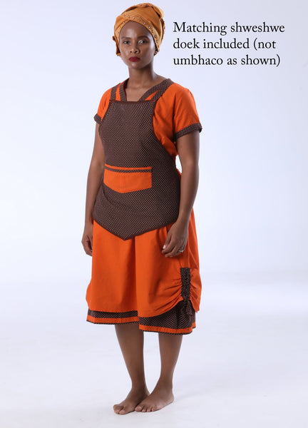 Buy a Xhosa shweshwe dress apron doek set at Wild Coast Trading