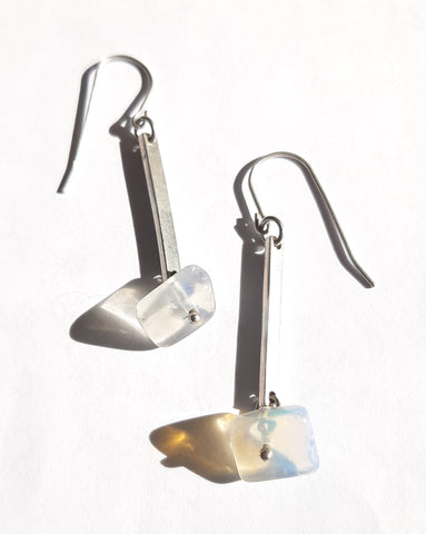 Silver drop bar earrings with a gemstone