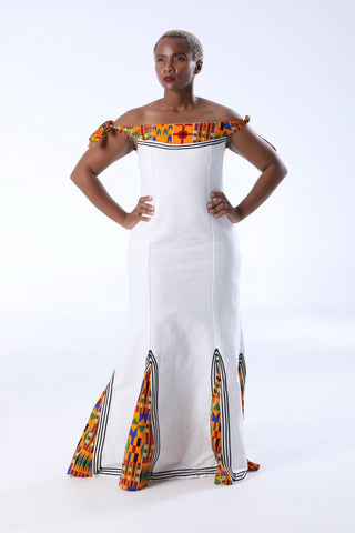 Dress, shawl ncebetha for African brides using Xhosa Ndebele
