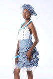 Shweshwe Umbhaco Ruffle Dress with Doek - max size 40