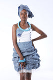Shweshwe Umbhaco Ruffle Dress with Doek - max size 40
