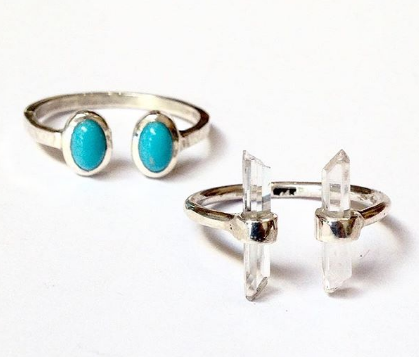 Open Shank Sterling Silver Rings in Turquoise or Clear Quartz